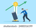 Businessman hammering strength tester to reach top high graph in flat design