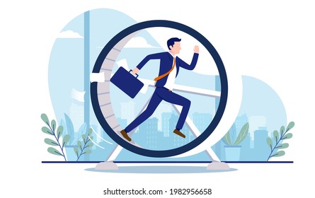 Businessman In Hamster Wheel - Male Person Running And Getting Nowhere, Doing Meaningless Work And Unnecessary Stress Concept. Vector Illustration With White Background