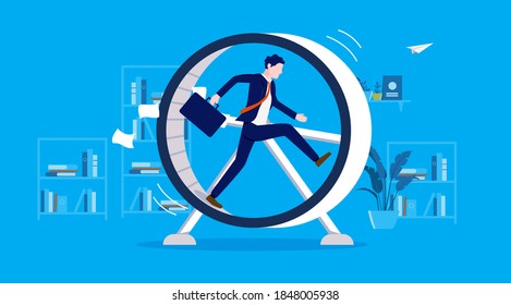 Businessman In Hamster Wheel - Man Working Hard In Meaningless Job, Feeling Useless, Stressed And Having No Progress. Stuck In Rut Concept. Vector Illustration.