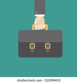 Businessman han holding black briefcase. Flat design style. Vector illustration