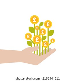 businessman hand with bamboo plant with pound sterling coins. Vector flat illustration on white. Give, receive, take, earn money. Financial success, salary, investment, dividend. Currency, pay