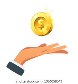 Businessman hand with big golden coin isolated on white background. Vector illustration.