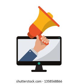 businessman hand with bullhorn on computer screen