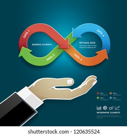 Businessman hand with business strategy diagram options in Infinity symbol. Vector illustration