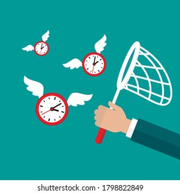 Businessman Hand With Butterfly Net Catches Flying Clock With Wings. Hunt, Chase Time. Achieve Goals, Financial Success, Business Income Concept. Stop Watch, Limited Offer, Deedline, Lack Of Time.