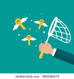 Businessman hand with butterfly net and golden keys with wings. Catch, hunt, chase money symbol. Achieve goals, financial success, business income concept. Home, house, flat, estate symbol. catch luck