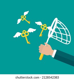 Businessman hand with Butterfly net and golden keys with wings. Catch, hunt, chase  symbol. Mystery, clue and magic symbol. Unlock, hint, tint and secret concept. Catch luck or help