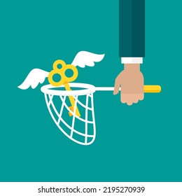 Businessman Hand With Butterfly Net And Golden Key With Wings. Catch, Hunt, Chase  Symbol. Mystery, Clue And Magic Symbol. Unlock, Hint, Tint And Secret Concept. Catch Luck Or Help