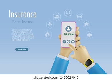 Businessman hand calling insurance agent service with insurance protection icons. For family, medical, home, car, travel and fire. 3D vector created from graphic software.