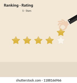 Businessman hand character with rating or raking concept on the screen.5 Stars rating or raking concept.Rating or raking golden stars.People & Business strategy isolated background.Vector illustration