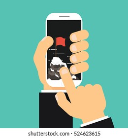 Businessman hand click pointe success and mission on cell phone . Red flag on a Mountain peak . Flat style.