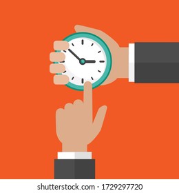 hombre de negocios mano con reloj y apuntando hacia el fondo naranja.reloj de hora, oferta limitada, plazo límite, símbolo de tiempo para trabajar. Ilustración vectorial.
