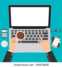 Businessman hand with coffee cup and work with computer laptop on workplace. Flat design illustration business digital marketing concept.