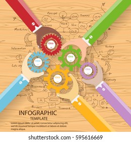 Businessman hand Colorful,touch cog,Idea and Concept Vector illustration Infographic template with background,Wooden floor,Lined pattern,graph,arrow,icon.