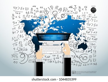  Businessman Hand and Computer  - World map blue - Background Plan Business - modern Idea and Concept Vector illustration Business.