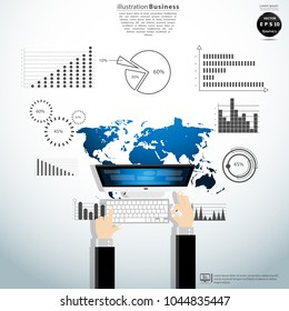  Businessman Hand and Computer  - World map blue - Background Plan Business - modern Idea and Concept Vector illustration Business.