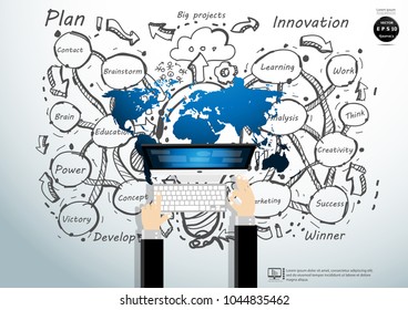  Businessman Hand and Computer  - World map blue - Background Plan Business - modern Idea and Concept Vector illustration Business.