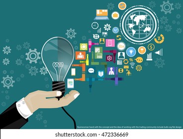 Businessman hand with the concept and the idea of working with the trading community consisting of a lamp, the cog flat design