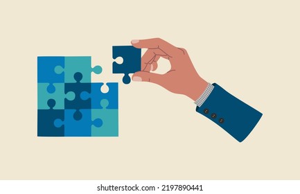 Businessman hand connect a last piece of puzzle. Concept of business solution, success, strategy. Hand drawn colored vector illustration isolated on light background. Modern flat cartoon style.