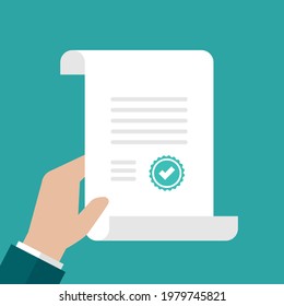 Businessman Hand With Contract Or Certificate Signing.  Business Agreement Memorandum With Stamp Or Validation Seal.  Legal Document. Vector Flat Illustration. 