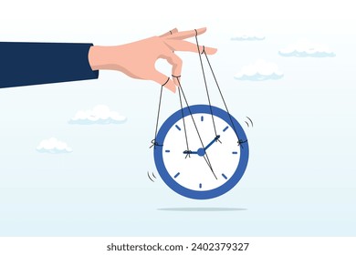 Businessman hand control time with clock puppet, control time, freedom or efficient time management to finish project within deadline, productivity or efficiency, productive project manager (Vector)