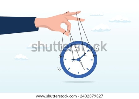 Businessman hand control time with clock puppet, control time, freedom or efficient time management to finish project within deadline, productivity or efficiency, productive project manager (Vector)