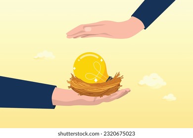 Businessman hand cover incubate startup lightbulb idea in bird nest, startup incubator, funding business since early bird or beginning, success business idea or innovation, venture capital (Vector)