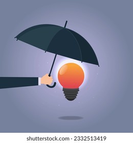Businessman hand covering light bulb with the umbrella. Ideas or copyright protection concept vector illustration