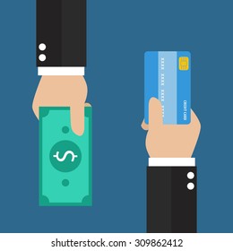 Businessman Hand With Credit Card And Cash Back For You. Means Of Payment