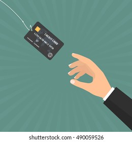 Businessman hand with credit card on fishing hook on sun ray background. Vector illustration business concept design.