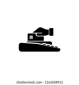 Businessman Hand with Credit Card, POS PDQ Terminal. Flat Vector Icon illustration. Simple black symbol on white background. Hand with Card, POS PDQ sign design template for web and mobile UI element