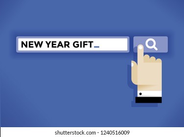 Businessman hand cursor icon finding a New Year gift in internet. Idea - New Year Eve and Christmas holidays, online shopping (Amazon etc.), choosing gifts and presents, consumerism etc.