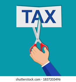 a businessman hand cutting word tax with scissors. Business finance concept vector