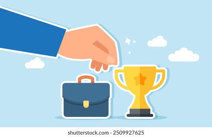 A businessman hand deciding between a trophy and a briefcase, Illustration concept of Choosing between the satisfaction of an award or the burden of taking on more work as a workaholic