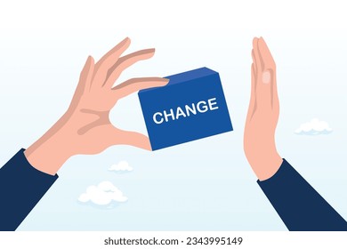 Businessman hand denied or refuse to get change cube box, status quo bias, fear or refuse to change, comfort zone or conservative thinking, afraid of changing risk or resist to make decision (Vector)