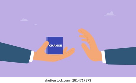 Businessman hand denied or refuse to get change cube box. Status quo bias, fear or refuse to change, comfort zone or conservative thinking, afraid of changing risk or resist to make decision concept.