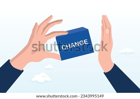 Businessman hand denied or refuse to get change cube box, status quo bias, fear or refuse to change, comfort zone or conservative thinking, afraid of changing risk or resist to make decision (Vector)