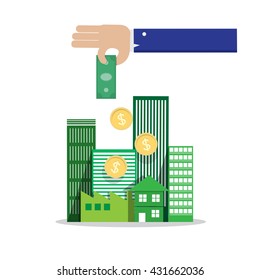 businessman hand drop money in group of building 