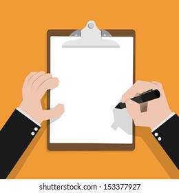 Businessman hand filling checklist on clipboard 