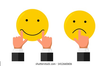 El hombre de negocios estira los dedos de la mano tirando de los labios de la boca con sonriente sonrisa facial y triste emoción como calificación. Realimentación en línea de la reputación calidad de la revisión del concepto de cliente estilo plano. Ilustración del vector