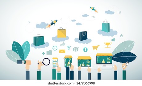 Businessman hand, flat style, online shopping concept with cellphone,tablet, laptop,computer,paper bag,paper  rocket fold.