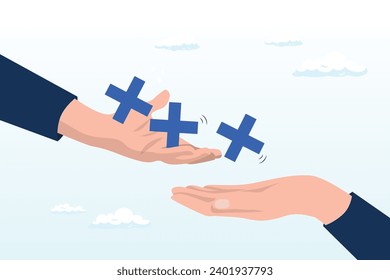 Businessman hand forward positive plus sign to colleagues, forward positivity, growth mindset or success attitude, positive feedback, happiness or encourage people, support or optimistic (Vector)