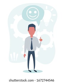 Businessman with hand up full length view. Vector flat design illustration.