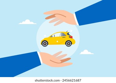 Businessman hand gently covers car, serving car insurance and automobile protection. Concept of safeguarding vehicles against transportation accidents, and security shield for vehicle safety