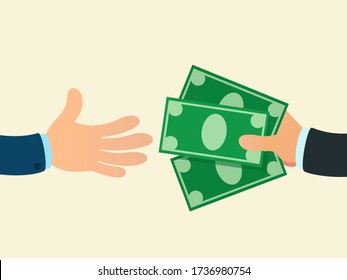 Businessman hand give money banknotes, another hand receive close-up. Financial loan, help. Donation, charity and bribing concept. Bribery, corruption. Vector illustration, flat cartoon, isolated.