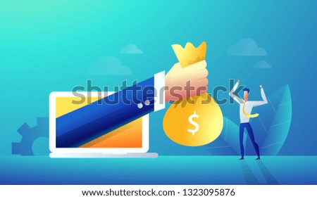 Businessman hand give reward online from laptop happy man.