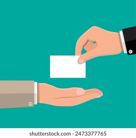 Businessman hand gives empty business card. Paper card with photo and contacts. Vector illustration in flat style