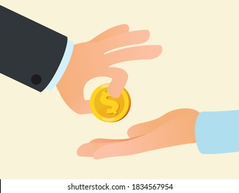Businessman hand gives money, donation to man. Financial aid. A male's hand puts a dollar coin into a man's hand. Business vector illustration, flat design, cartoon style, isolated background.
