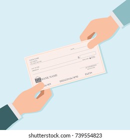 Businessman hand giving blank bank checks or che-que book to other person , vector illustration. 

