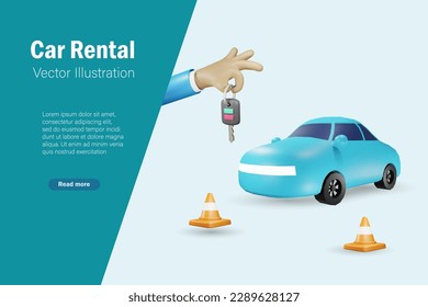 Businessman hand giving car key  Car rental, financial loan, buy new car and car insurance concept. 3D vector.